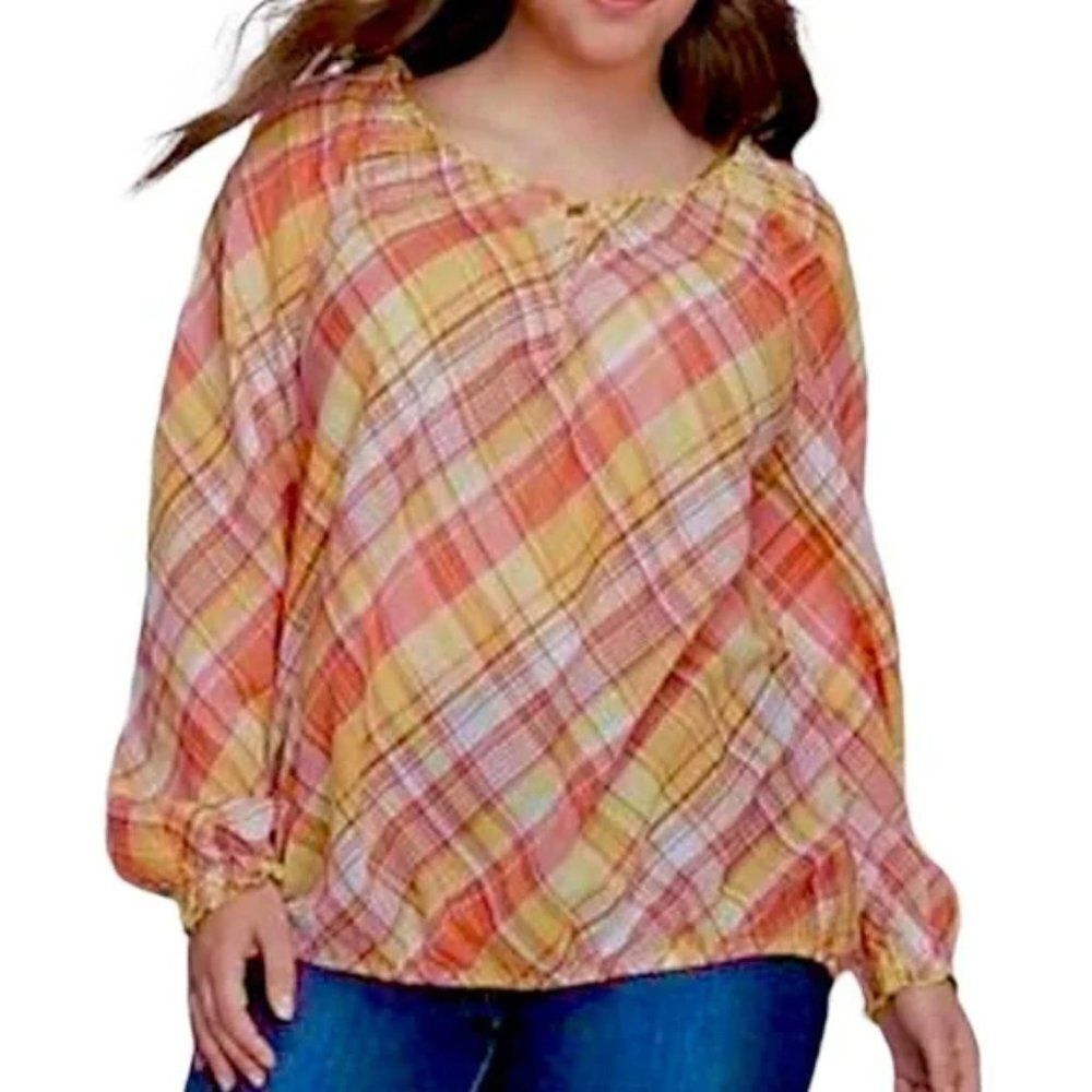 Lane Bryant Cotton Plaid Peasant Blouse - size 18/20